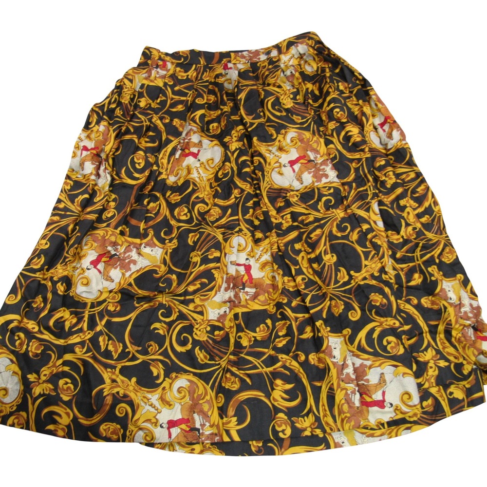 Skyr Vintage Equestrian Hunt Scene Baroque Midi Skirt Black Gold‎ USA Size 14